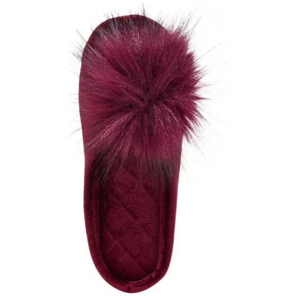 INC International Concepts Velvet Pom Pom Slide Slippers Burgundy Medium 7-8 - Picture 2 of 3